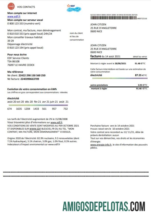Berkualitas Prancis EDF proof of address Tagihan Tagihan templat in Word and PDF format