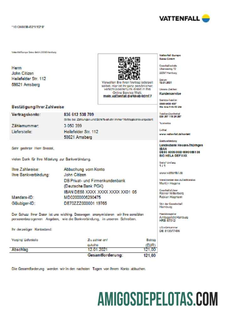 Jerman VATTENFALL Tagihan Tagihan sampel