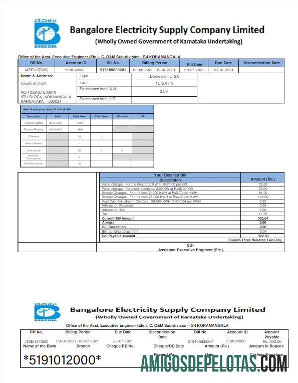 Berkualitas India BESCOM Tagihan Tagihan Word and PDF templat