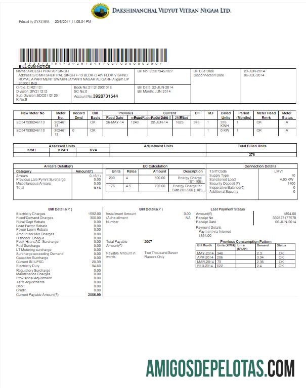 Realistis India DVVNL Tagihan Tagihan Word and PDF templat