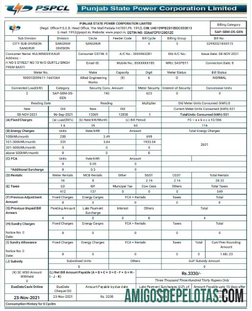 Premium India PSPCL Tagihan Tagihan Word and PDF templat
