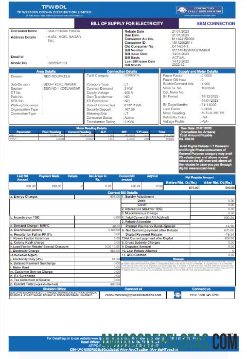 Dapat Diedit India TPWODL Tagihan Tagihan Word and PDF templat