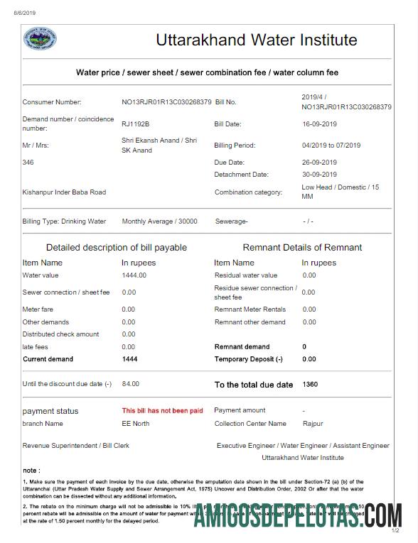 Premium India UTTARAKHAND Air Tagihan Tagihan Word and PDF templat