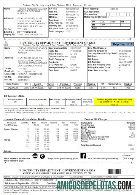 Dapat Diedit INIDA Listrik DEPARTMENT GOVERNMENT OF GOA Tagihan Tagihan Word and PDF templat