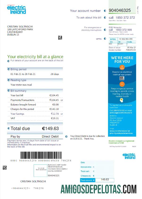 Premium Irlandia ELECTRIC Irlandia Tagihan Tagihan Word and PDF templat