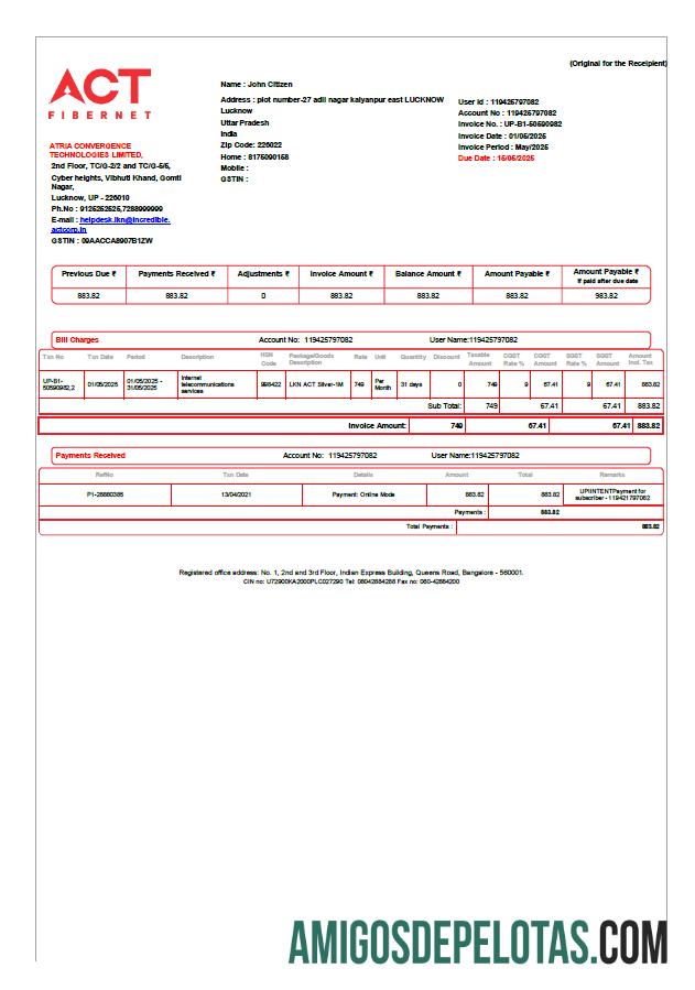 Realistis India ACT Fibernet Tagihan Tagihan templat in Word and PDF format