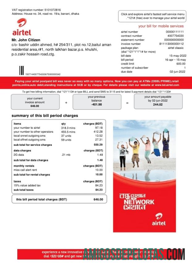 India Airtel telecommunication services Tagihan Tagihan sampel