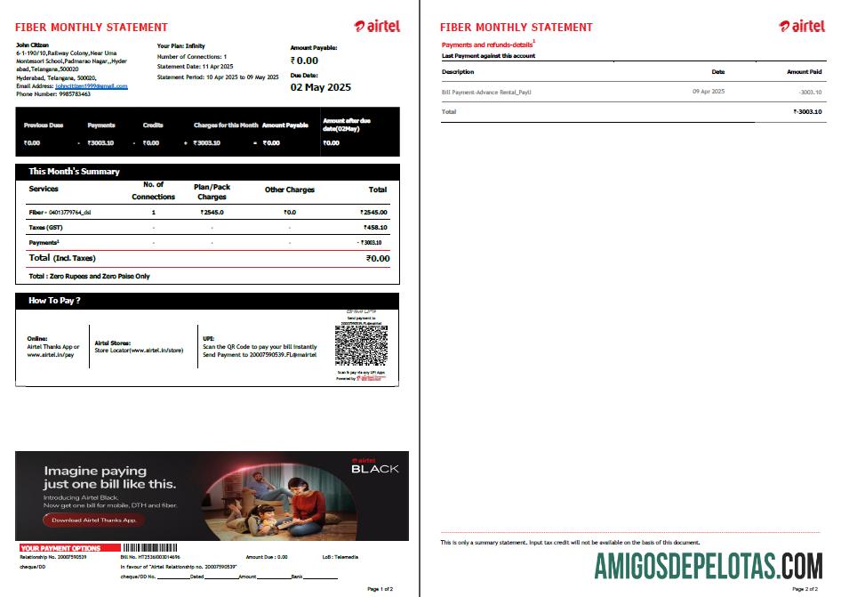 Profesional India Airtel Tagihan Tagihan templat in Word and PDF format, 2 pages, versi 4