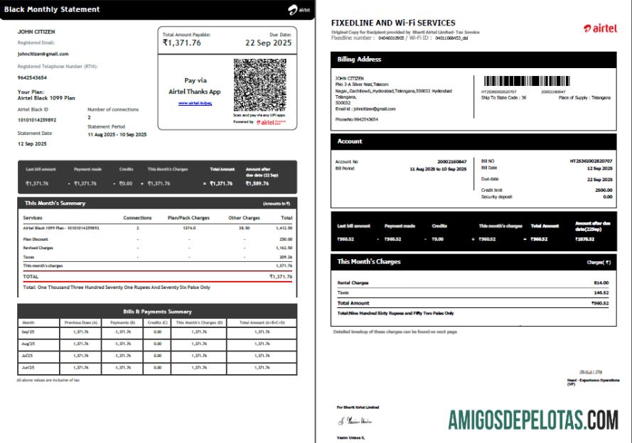 Profesional India Airtel Tagihan Tagihan templat in Word and PDF format, 2 pages, versi 5