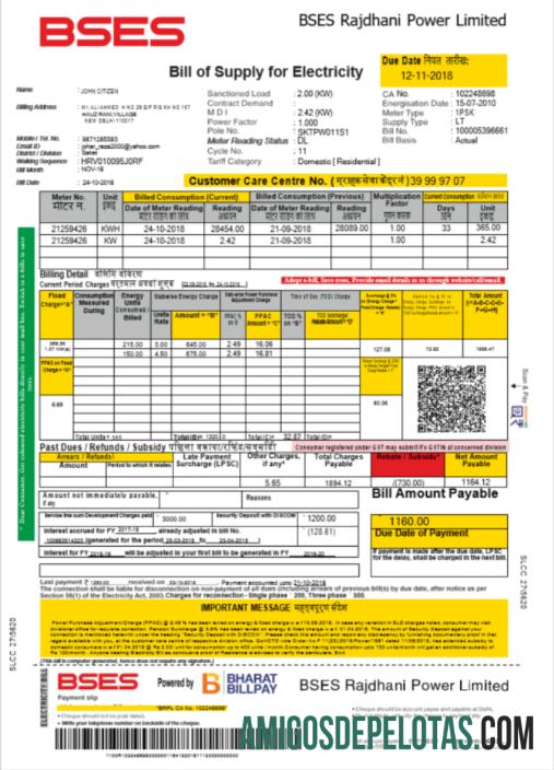 Profesional India BSES Listrik Tagihan Tagihan Word and PDF templat