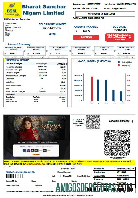 Realistis India Bharat Sanchar Nigam Limited Tagihan Tagihan templat in Word and PDF format, versi 3