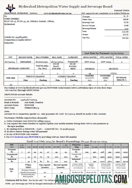 Profesional India Hyderabad Metropolitan Air Supply and Sewerage Board Tagihan Tagihan templat in Word and PDF format