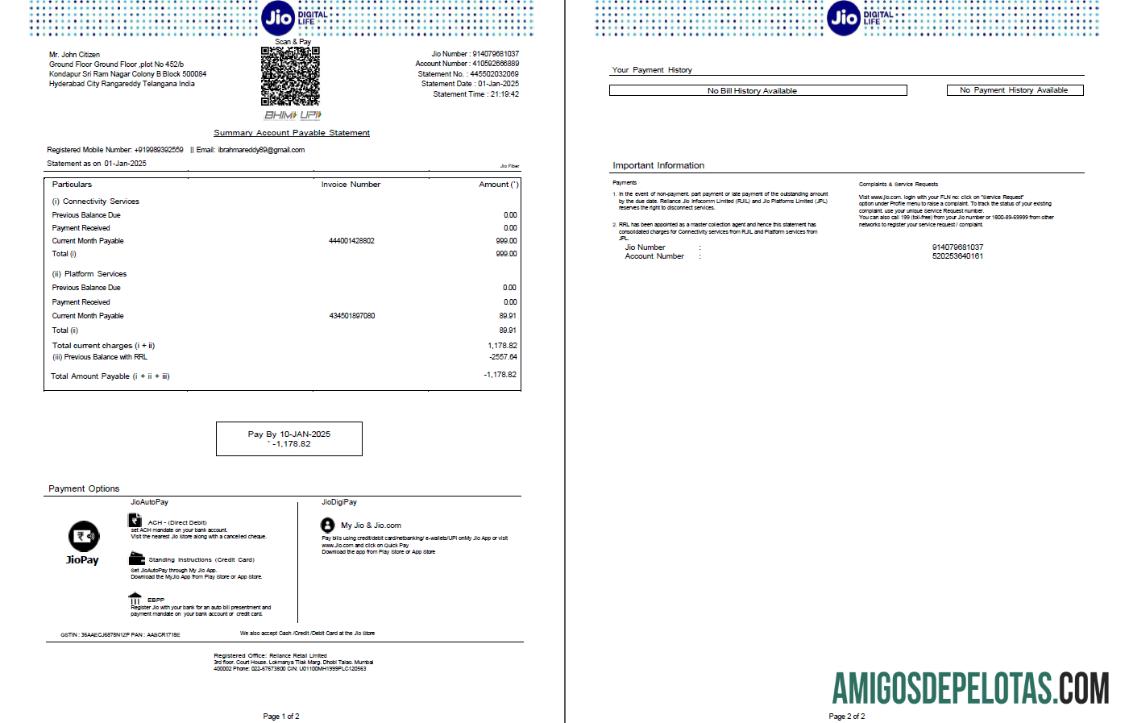 Premium India Jio Digital Life Tagihan Tagihan templat in Word and PDF format, 2 pages, versi 3