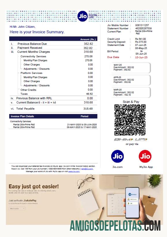 Premium India Jio Digital Life Tagihan Tagihan templat in Word and PDF format, versi 2