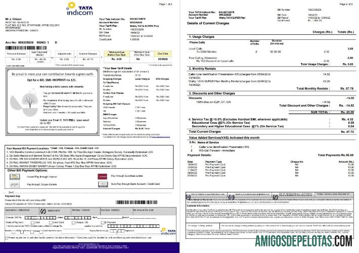 Realistis India Tata Indicom mobile Tagihan Tagihan templat in Word and PDF format, 2 pages