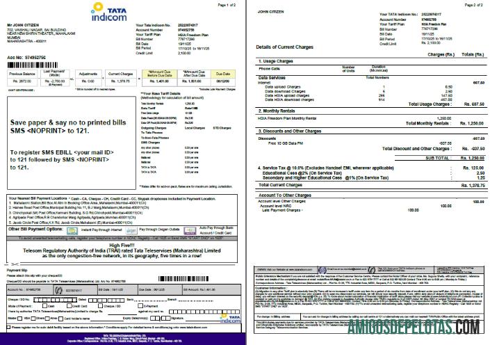 Berkualitas India Tata Indicom Tagihan Tagihan templat in Word and PDF format, 2 pages