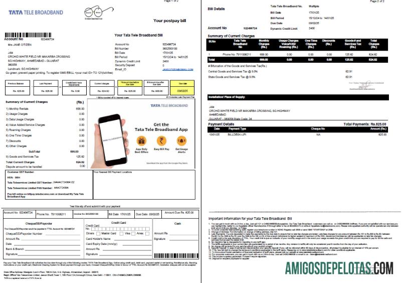 Dapat Diedit India Tata Tele Broadband Tagihan Tagihan templat in Word and PDF format, 2 pages