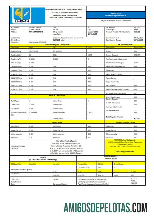 India Uttar Haryana Bijli Vitran Nigam Limited electrecity Tagihan Tagihan Word and PDF format makering