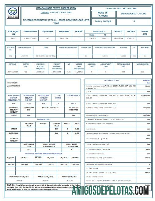 India Uttarakhand power corporation Listrik Tagihan Tagihan Word and PDF format pratinjau