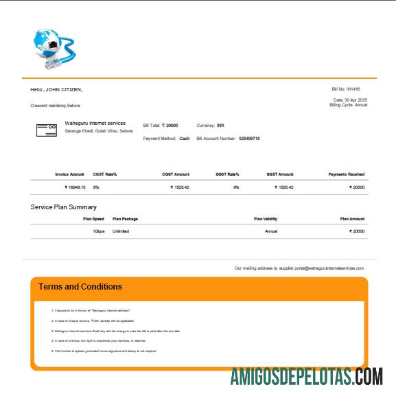 Realistis India Waheguru Telecom Tagihan Tagihan templat in Word and PDF format