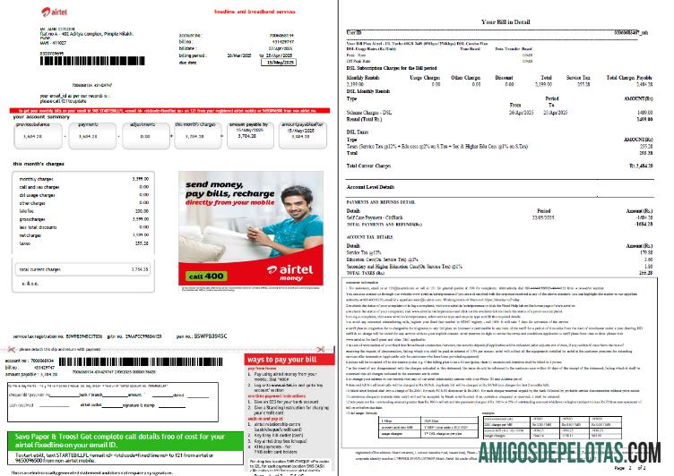 Profesional India airtel Tagihan Tagihan templat in Word and PDF format, 2 pages, versi 2