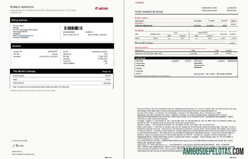 Premium India airtel Tagihan Tagihan templat in Word and PDF format, 2 pages, versi 3