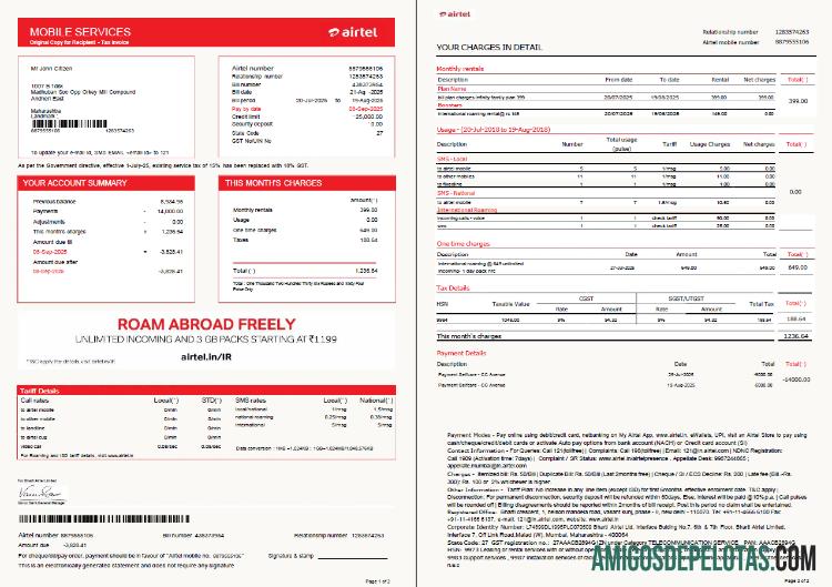 Premium India airtel Tagihan Tagihan templat in Word and PDF format, 2 pages