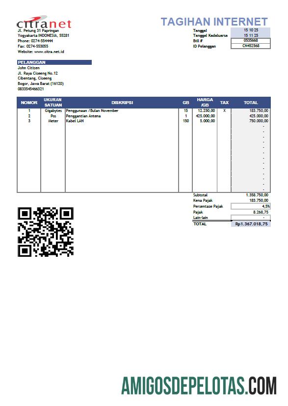 Dapat Diedit Indonesia Citranet Tagihan Tagihan templat in Word and PDF format