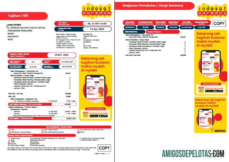 Profesional Indonesia Indosat Ooredoo Tagihan Tagihan templat in Word and PDF format, 2 pages