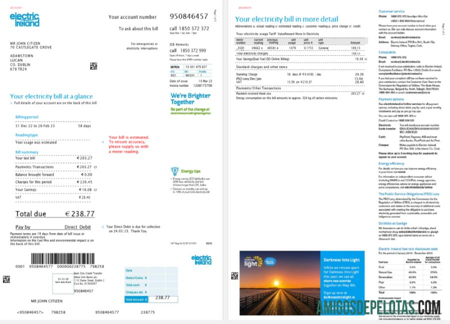 Realistis Irlandia Electric Irlandia Tagihan Tagihan templat in Word and PDF format, versi 2, 2 pages
