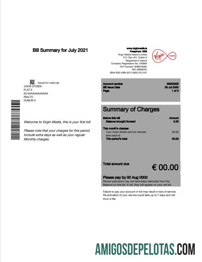 Dapat Diedit Irlandia Virgin Media Tagihan Tagihan templat Dapat Diedit in Word and PDF, versi 1