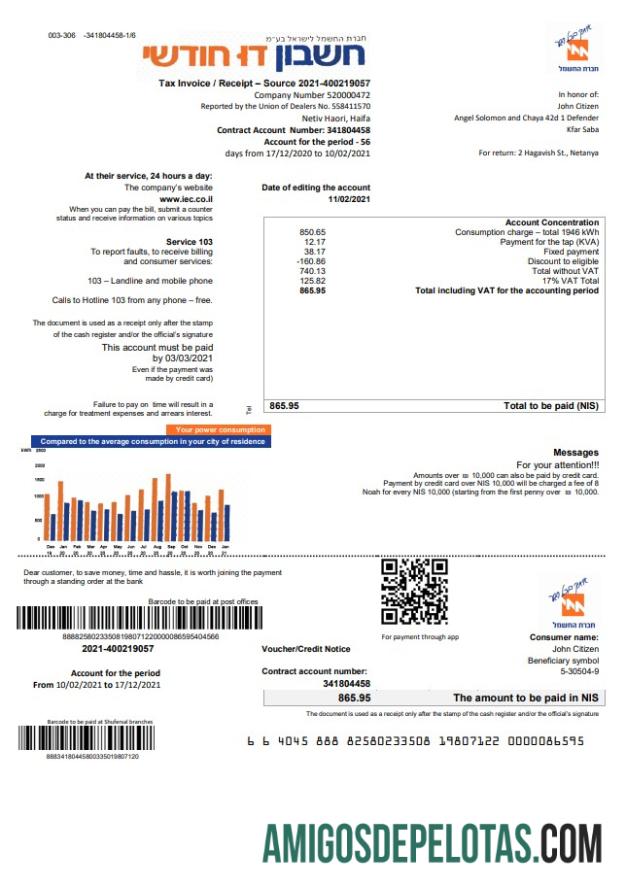 Realistis Israel Electric Corporation Tagihan Tagihan templat in Word and PDF format (.doc and .PDF), in English