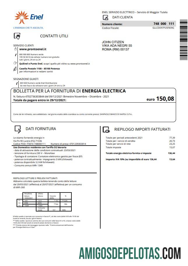 Realistis Italia Enel Listrik Tagihan Tagihan templat in Word and PDF format