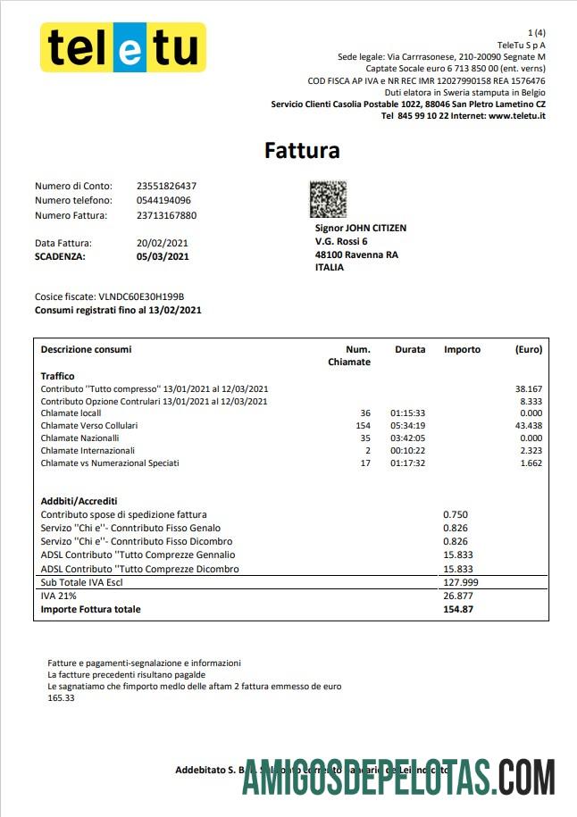 Realistis Italia TeleTu Tagihan Tagihan templat in Word and PDF format