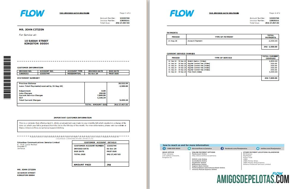 Profesional Jamaika Flow pajak faktur cable and internet Tagihan Word and PDF templat, 2 pages SCR