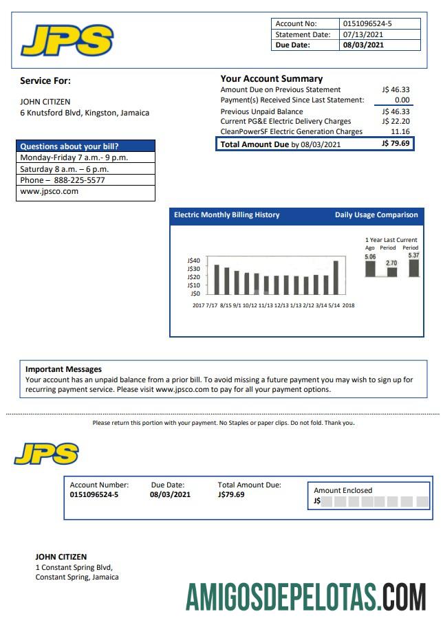 Dapat Diedit Jamaika Public layanan (JPS) Listrik Tagihan Tagihan templat in Word and PDF format