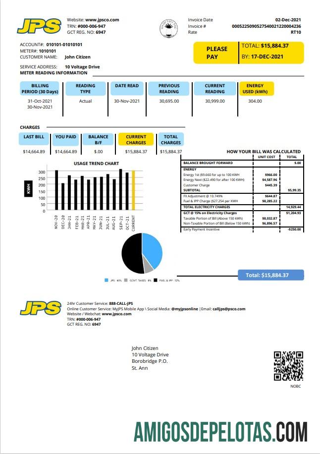 Berkualitas Jamaika Public layanan Perusahaan Limited (JPS) Listrik Tagihan Tagihan templat in Word and PDF format