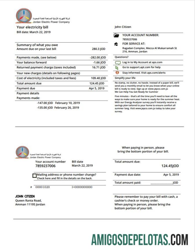 Profesional Yordania Jordanian Electric Power Co JEPCO Listrik Tagihan Tagihan templat in Word and PDF format