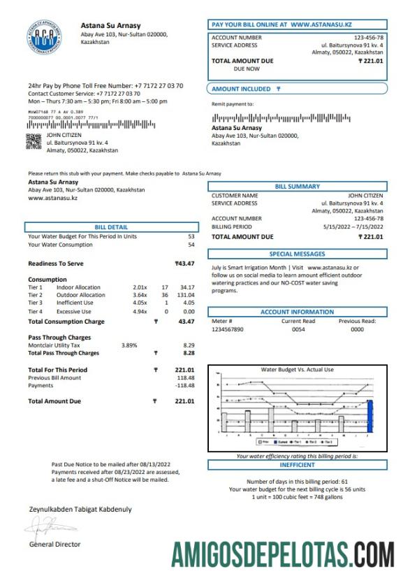 Dapat Diedit Kazakhstan Astana Su Arnasy Tagihan Tagihan templat in Word and PDF format (.doc and .PDF)