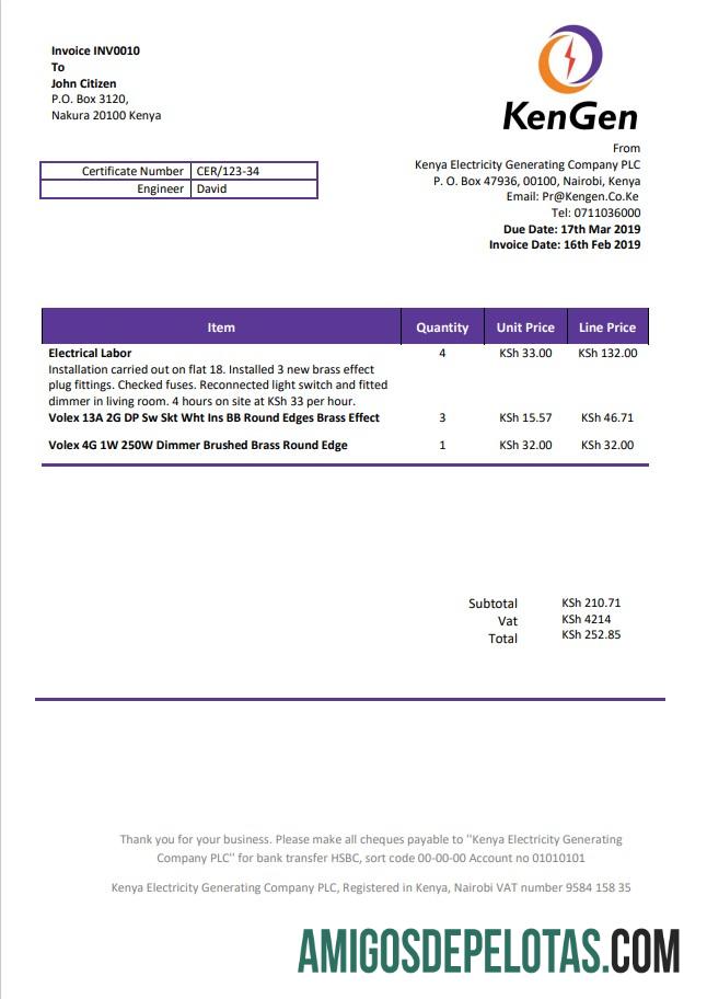 Premium Kenya KenGen Listrik Generating Perusahaan Tagihan Tagihan templat in Word and PDF format