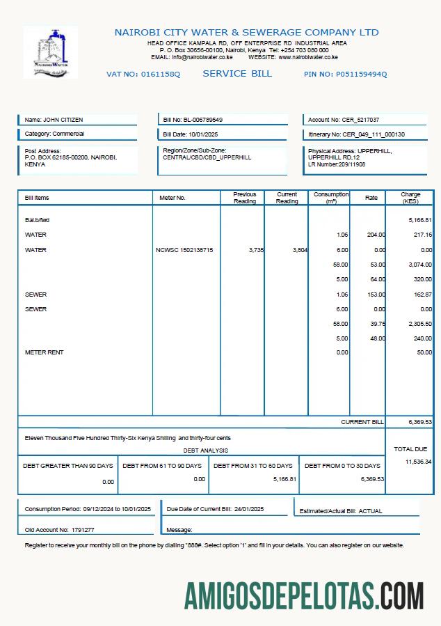 Premium Kenya Nairobi City Air and Sewerage Perusahaan Tagihan Tagihan templat in Word and PDF format