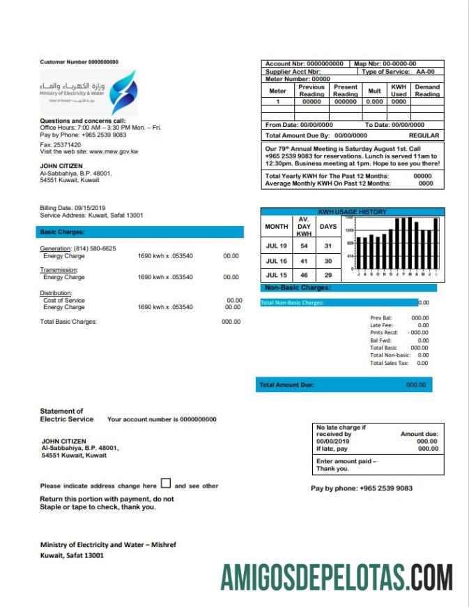 Premium Kuwait Ministry of Listrik and Air Tagihan Tagihan templat in Word and PDF format