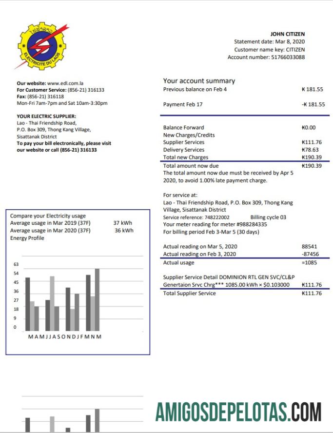 Realistis Laos Electricite du Laos Listrik Tagihan Tagihan templat in Word and PDF format