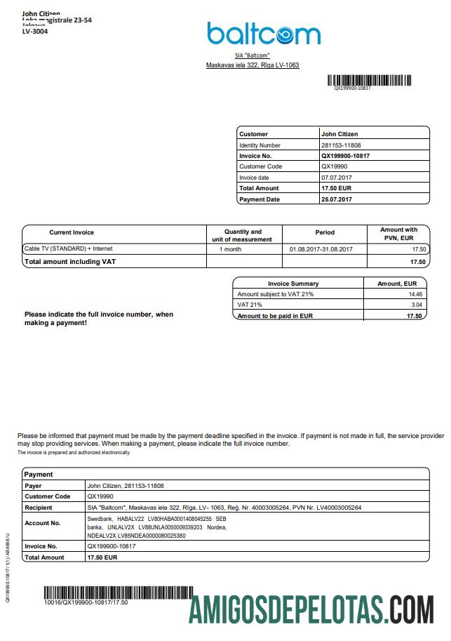 Premium Latvia Baltcom telecommunications Tagihan Tagihan templat in Word and PDF format (English versi)