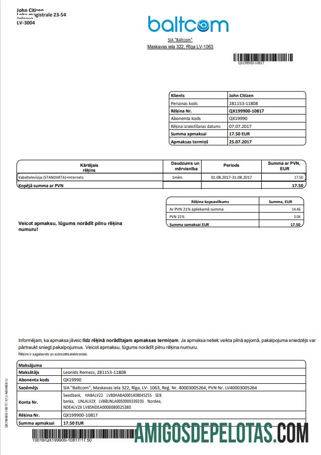 Profesional Latvia Baltcom telecommunications Tagihan Tagihan templat in Word and PDF format (Latvian versi)