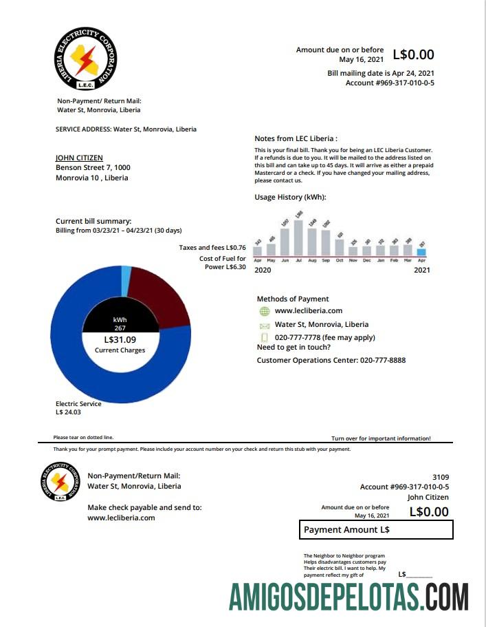 Realistis Liberia Listrik Corporation Tagihan Tagihan templat in Word and PDF format