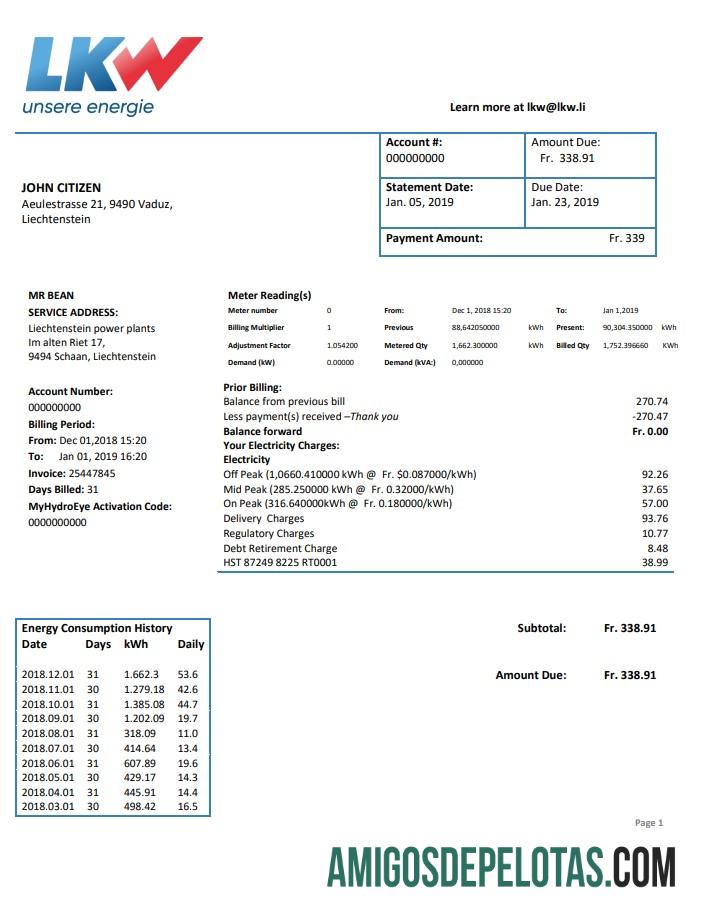 Berkualitas Liechtenstein Ische Kraftwerke (LKW) Listrik Tagihan Tagihan templat in Word and PDF format