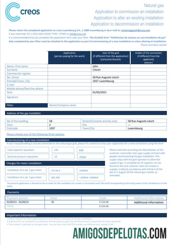 Berkualitas Luksemburg Creos Gas Tagihan Tagihan templat in Word and PDF format