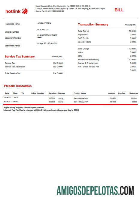 Profesional Malaysia Hotlink Tagihan Tagihan templat in Word and PDF format