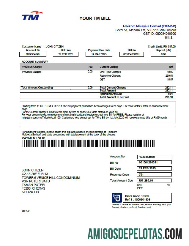 Realistis Malaysia Telekom Tagihan Tagihan templat in Word and PDF format